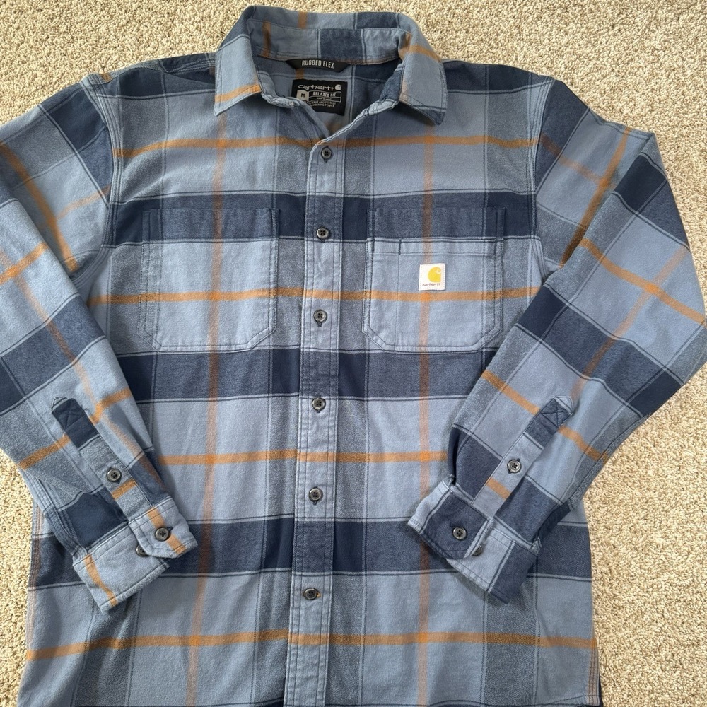 Carthart Size M Rugged Flex Blue Plaid L/S Lightweight Flannel Button Down Top - Picture 2 of 11